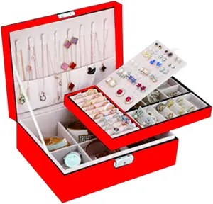 Jewelry Boxes for Women- 2 Layers Jewelry Organizer Box Leather Jewelry Case with Lock Jewelry Organizer Container Removable Tray for Necklace Earrings Rings Bracelets Sanikeon