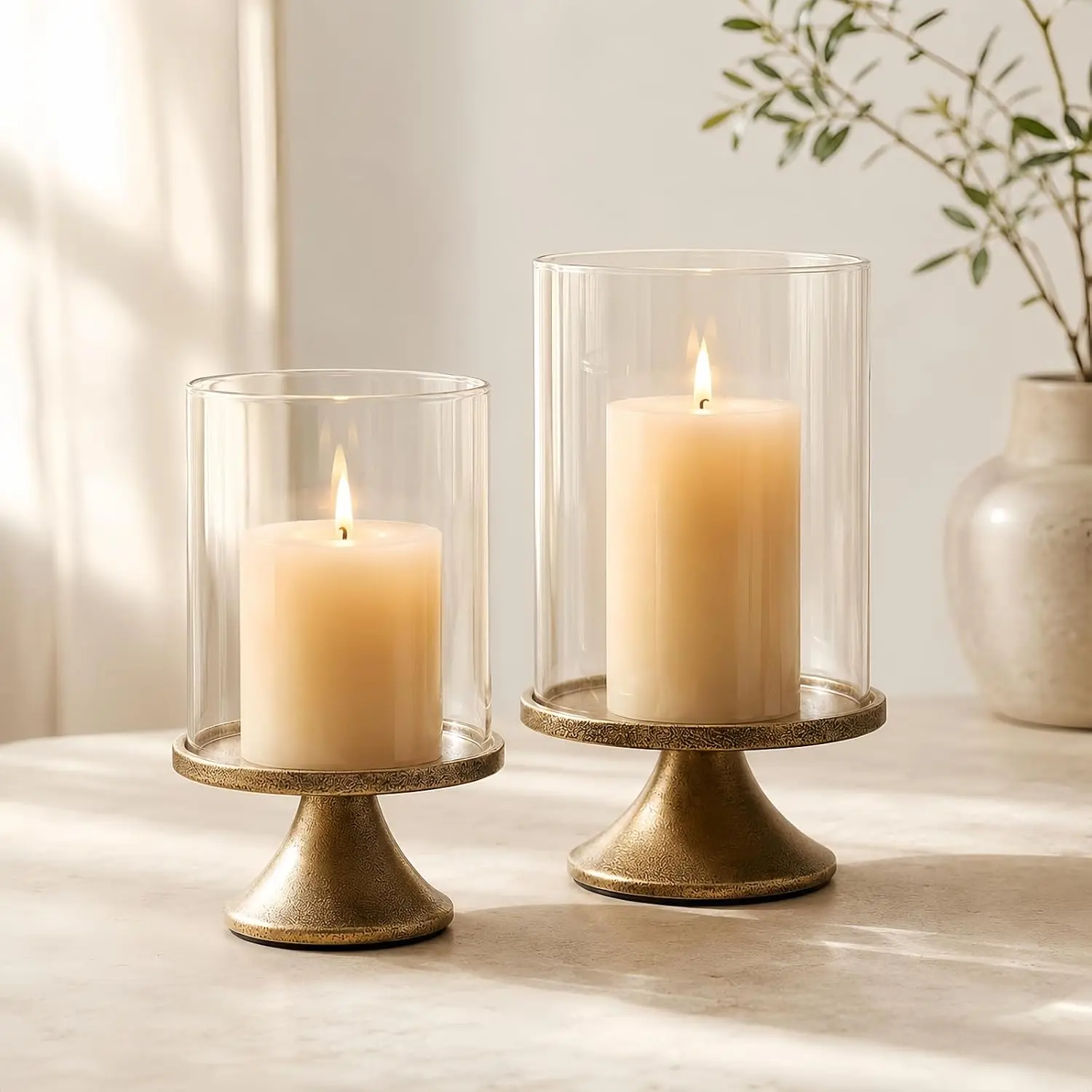 A set of 2 vintage candle holders with a windproof glass cover and metal base—elegant decorative candle holders.Home decor and holiday gifts, suitable for autumn, Halloween, and Christmas decorations.Living room accessories
