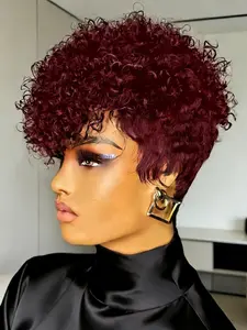 8inch Short Human Hair Wig | Curly Glueless Human Hair Pixie Cut Wig with Bangs, full machine made, 150% Density, Afro Curly/Kinky, Kinky Curly Wigs