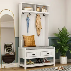 FUFU&GAGA Modern Hall Tree with Storage Bench, 4-in-1 Entryway Bench with Coat Rack, Tall Hall Tree with 4 Metal Double Hooks 2 Drawers Organiser