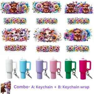 12-in-1 Creative Craft Kit, 12pcs/set Including 6pcs Mini Tumbler Keychain & 6pcs UV DTF Cow Pattern Transfer Sticker, Stickers Kit, DIY Craft Toy for Holidays & Everyday Gifting