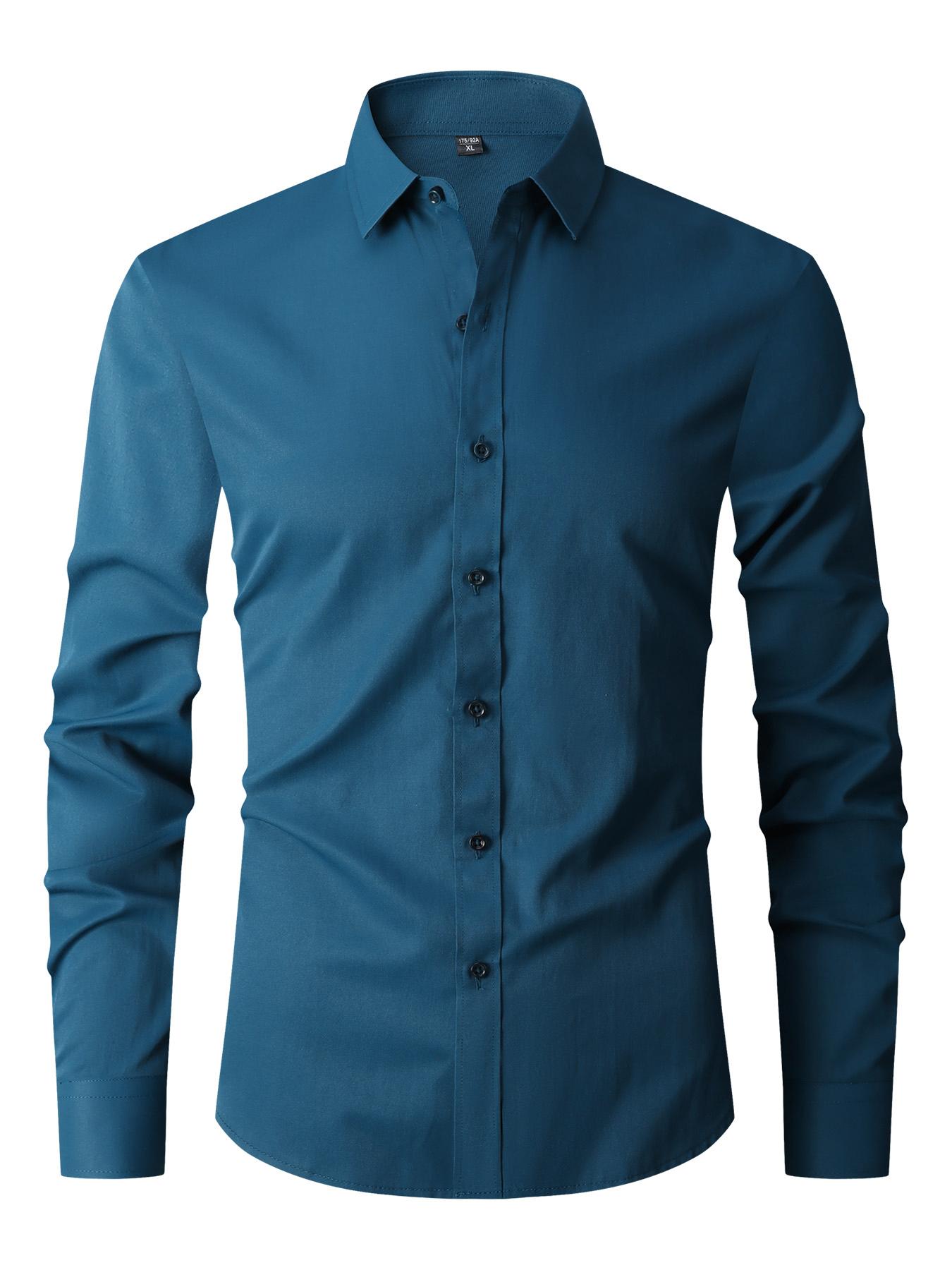 Men's Slim Fit Solid Dress Shirt, Wrinkle-Free Smooth Cotton Blend Fabric, Long Sleeve Button Down Top for Business & Formal Suit Wear, Formal Wear, Tops, Classic, Polyester, Longsleeves, Elegant, Wash Free, Business Wear