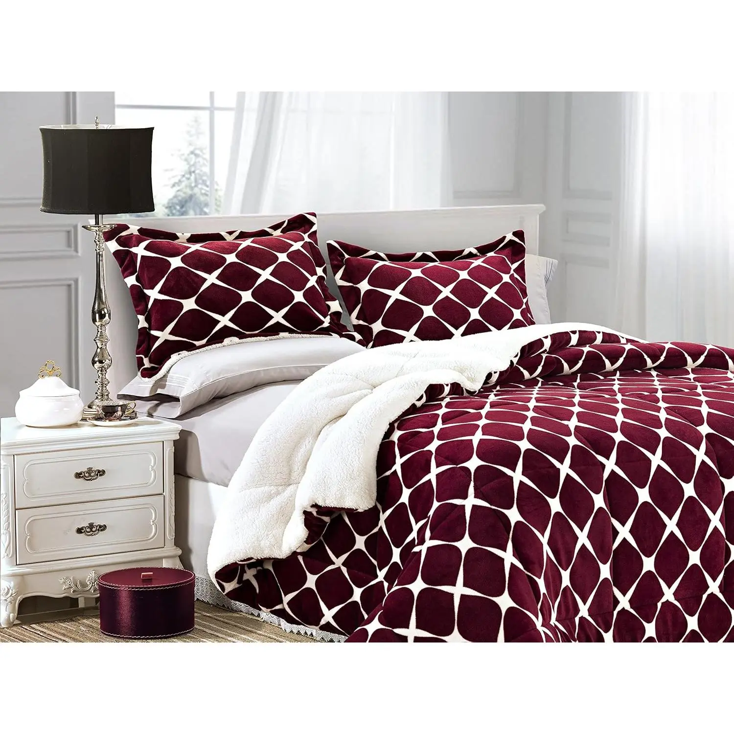 Full Size Premium Heavy-Weight Micromink Sherpa-Backed Synthetic Down Alternative Suede Comforter - Soft, Cozy, Wrinkle-Resistant, Breathable, Flannel-Wool Blend, Box Stitching, Tumble Dry Low, Bloomingdale Burgundy