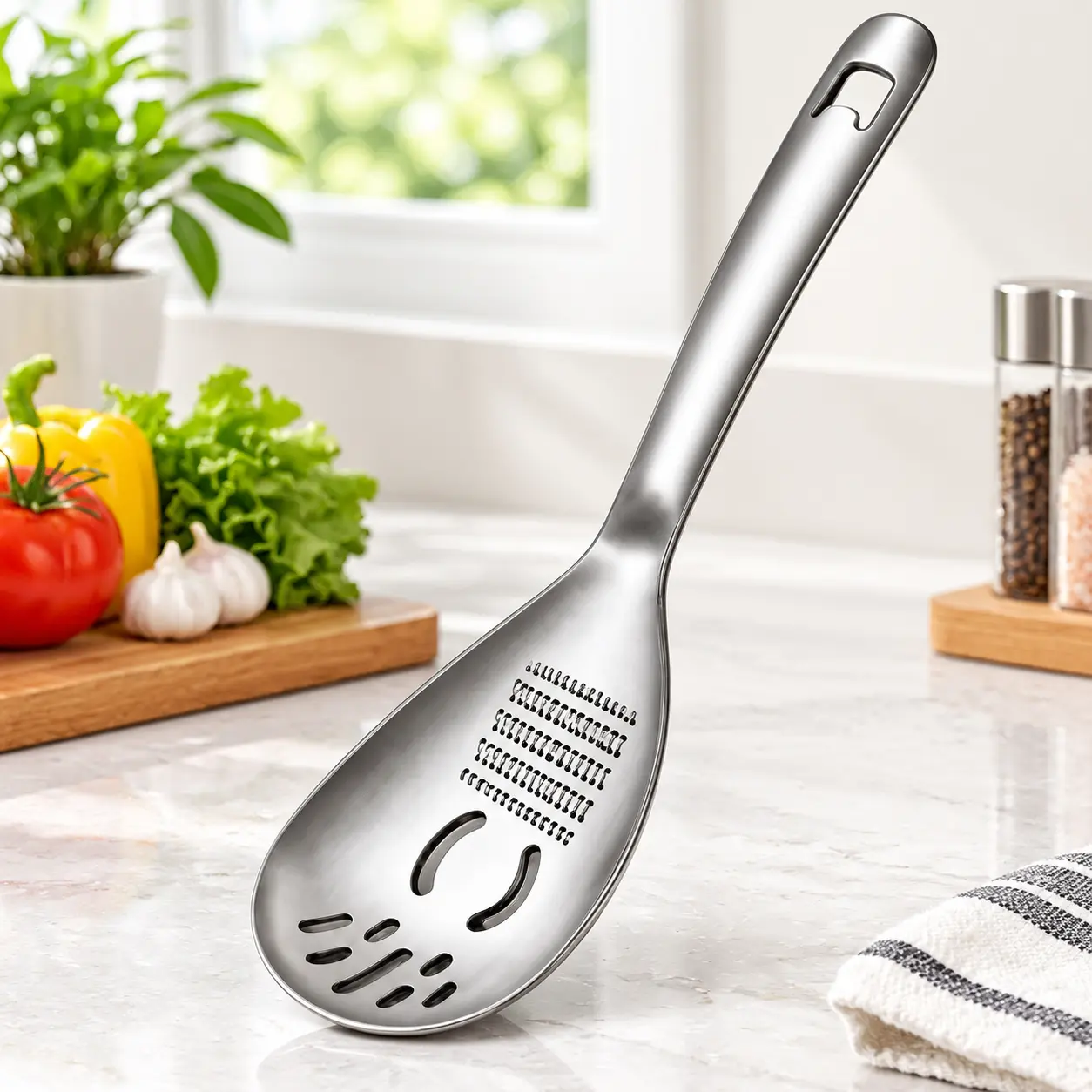 304 Stainless Steel Kitchen Spoon,Multifunctional Cooking Utensil with Egg White Separator,Potato Masher and Drainage Slots for Home Daily Cooking