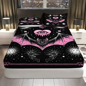 3Pcs Gothic Bat Moon Fitted sheet Three Piece Set (1*Fitted Sheet+2*Pillowcases, Coreless), Halloween theme, Dark Night Bedding Set, Mattress protector Soft, Breathable