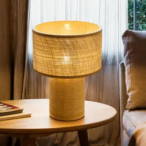 Booniture Bohemian Bamboo Lamp - Slender Bamboo Base, Rustic Eco-Friendly, 5.25ft Cord, Soft Linen Shade, Table Lamp, Free E26 Bulb, Lights, Desk Lamp, WeeklyDeals