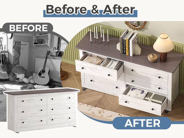 Farmhouse Wooden 6 Drawers Dresser for Bedroom, Vintage Wide Chest of Drawers for Living Room, Wood Storage Dressers Organizer