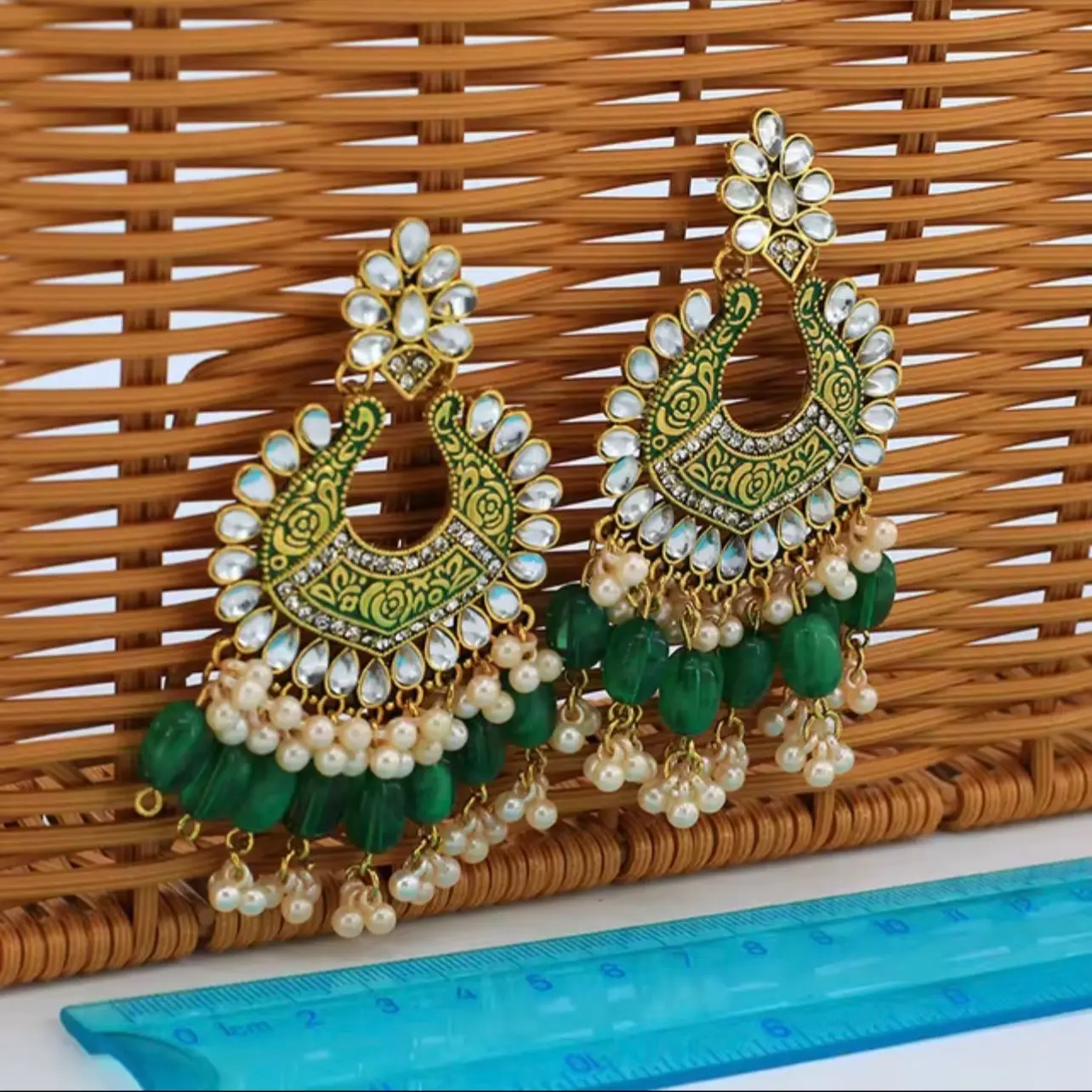 Indian Green Drop Beads Boho Bollywood Earrings Jumka Jhumki Handmade