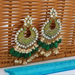 Indian Green Drop Beads Boho Bollywood Earrings Jumka Jhumki Handmade