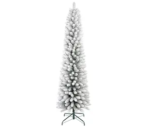 2025 Christmas PVC Mixed Flocking Pencil Tree 6/7.5/9Ft Snow Flocked Slim Pencil Tree, Warm White Pre-Strung Bulbs, Lush Branches, White