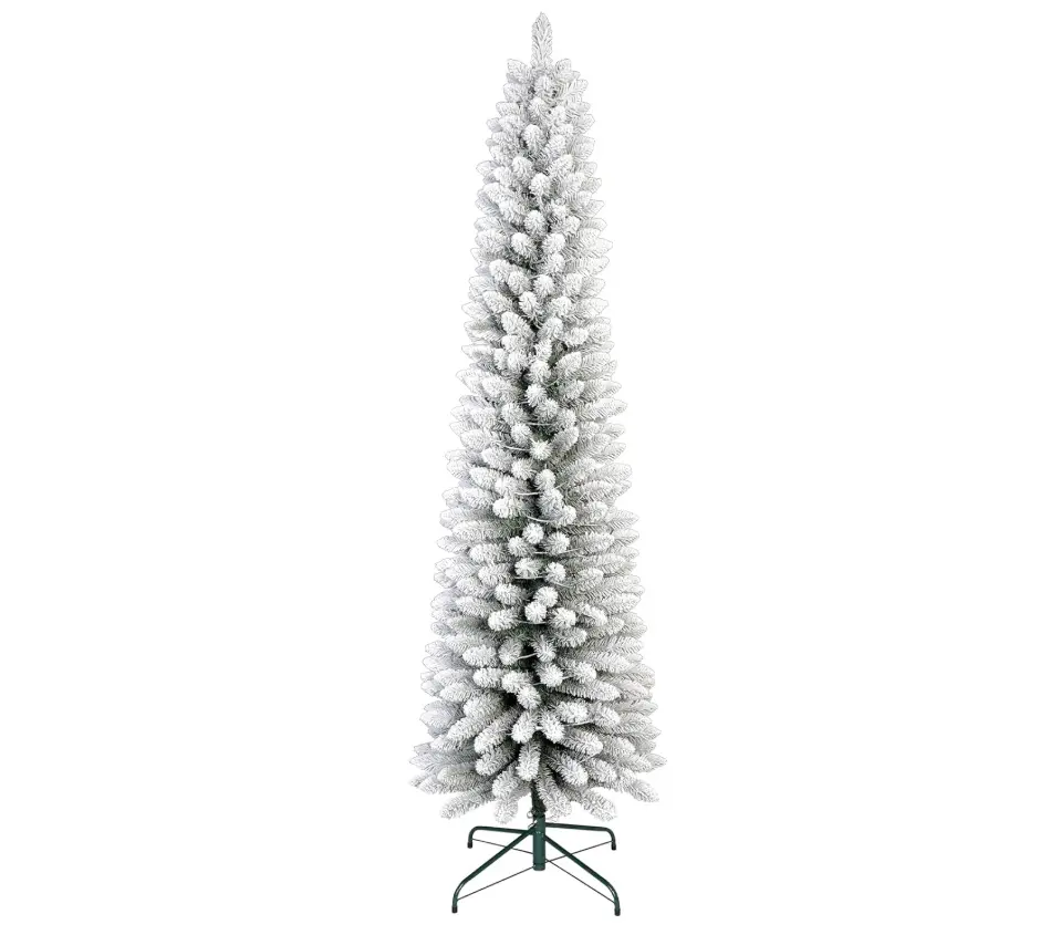 2025 Christmas PVC Mixed Flocking Pencil Tree 7.5FT Ornaments Decoration-7.5Ft Snow Flocked Slim Pencil Tree, Warm White Pre-Strung Bulbs, Lush Branches, White Led Star Light Led Lantern