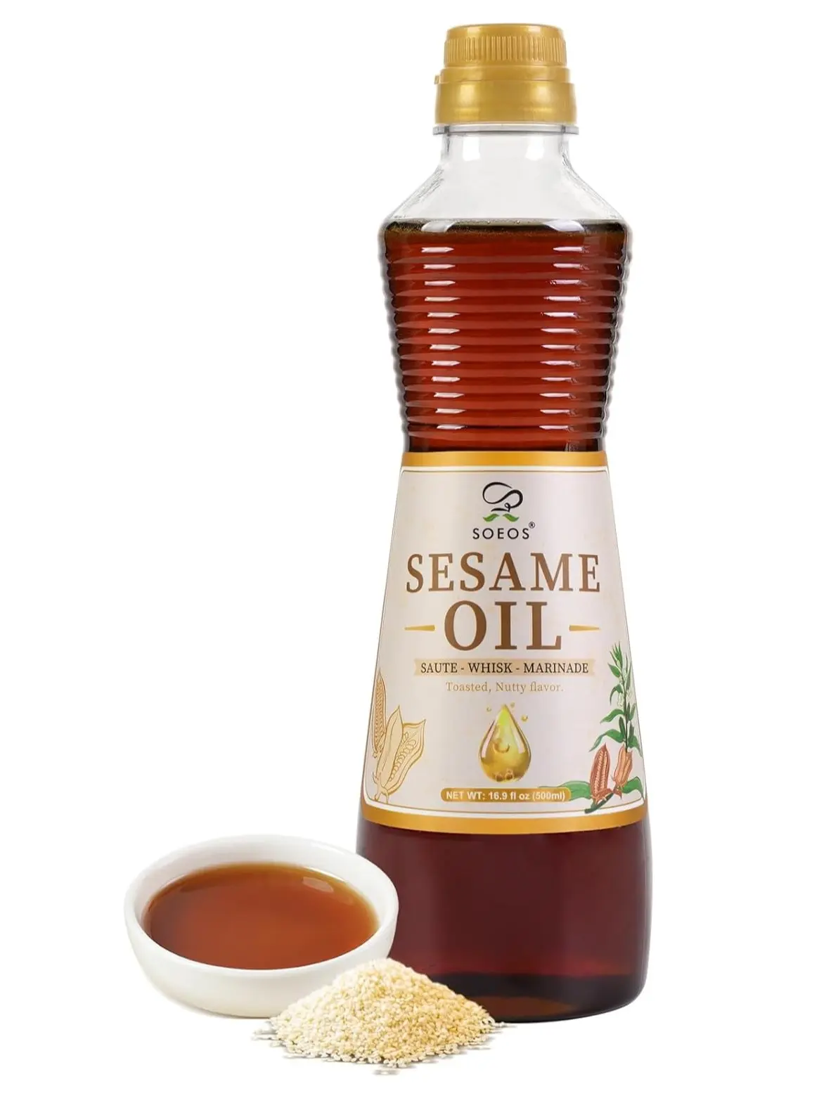 Soeos Sesame Oil, Toasted Sesame Seed Oil, 16.9 Fl Oz (500 ml), Nutty Flavor, Perfect for Asian Food, Noodles, Soup, Baking, and Stir-Fry