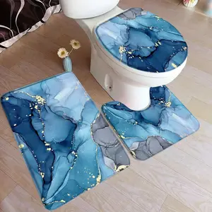 Abstract Turquoise Marble Bath Mat Set Modern Ink Art Textured Pattern Home Carpet Bathroom Decor Floor Rugs Toilet Lid Cover