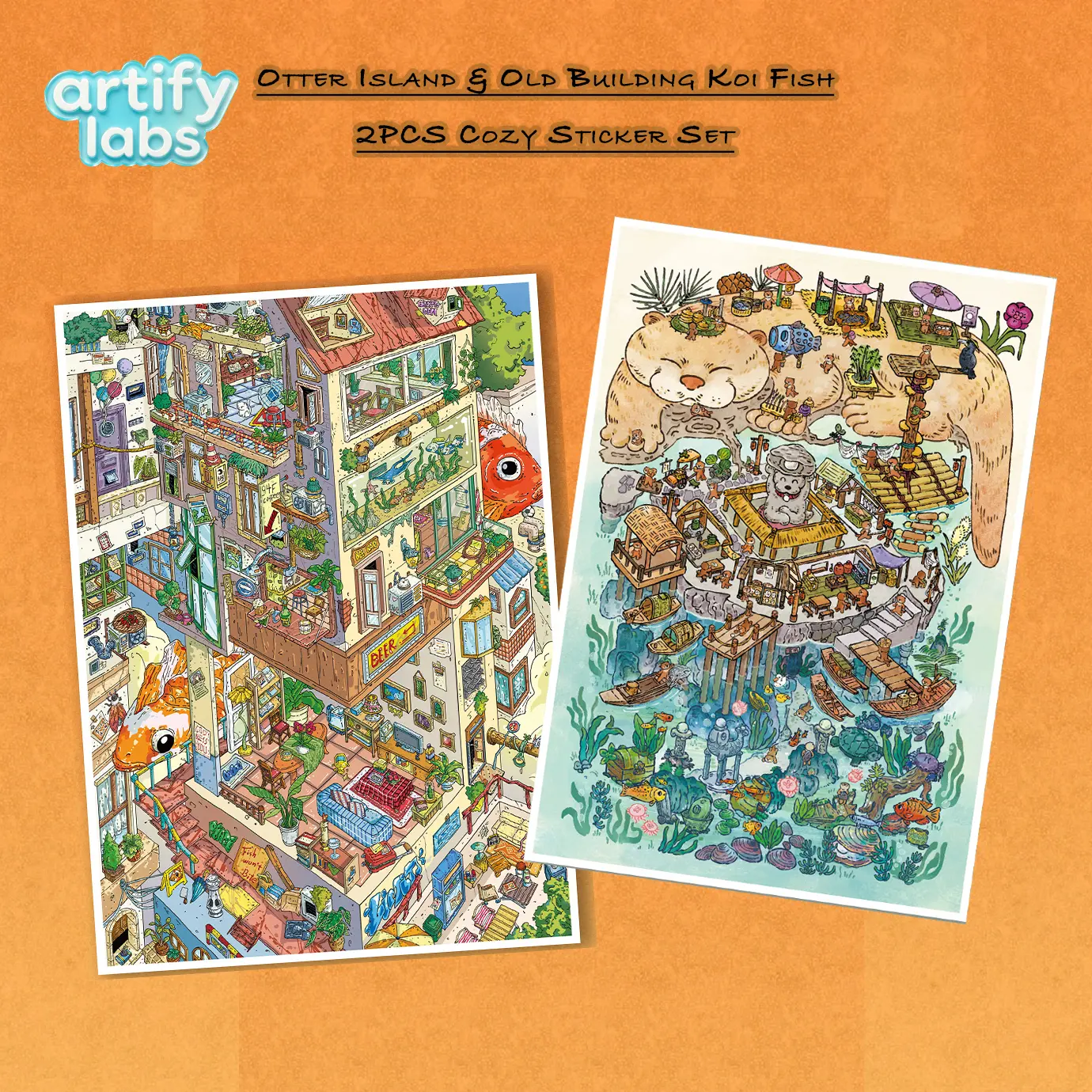 2-Piece Otter Island & Old Building Koi Fish Extra Large 3D Scene Sticker Set | Cozy Miniature World