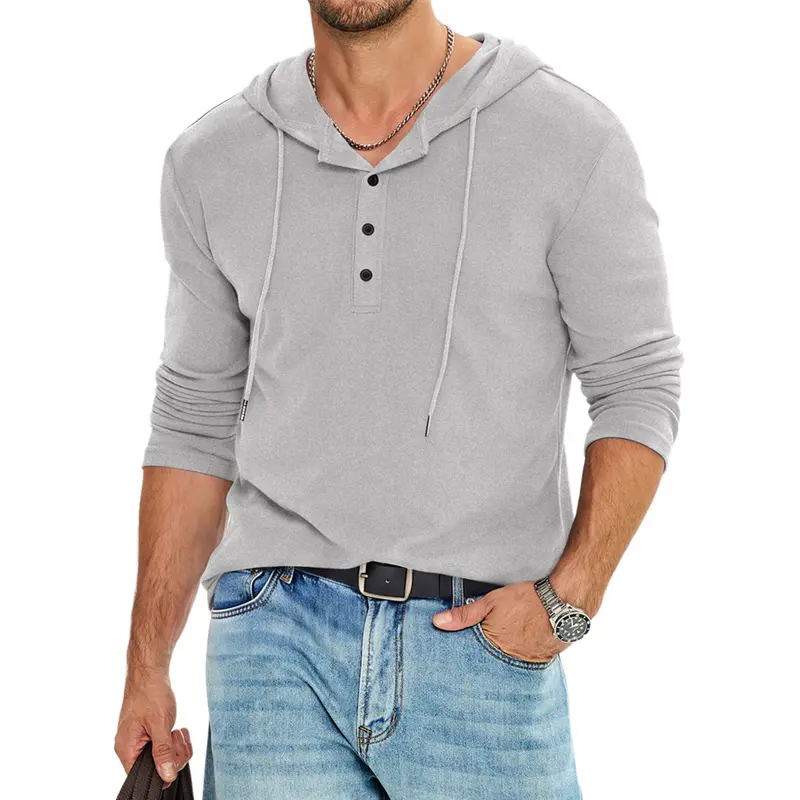 JMIERR Men's Muscle Fit Hooded Henley Shirt, Fleece Long Sleeve Pullover, Drawstring Hood Button Placket Tops for Gym Workout Fall Winter Casual