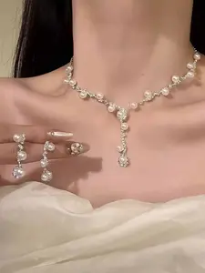 Wedding Jewelry for Bride Women Bridesmaid, Sparkly Cubic Zirconia Pear-Shaped Birthstone Pearl Necklace Earrings Set for Prom