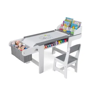 Kids Art Table and Chair with Paper Roll and Fabric Bins for Drawing Reading Studying Playing