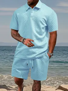 Men's Two-Piece Embroidered Polo Shirt and Shorts Set, Textured Knit Casual Summer, Comfortable and Stylish Men's Apparel