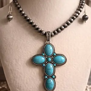 Turquoise Cross Statement Necklace Set with Silver Bead Earrings for Women's Fashion