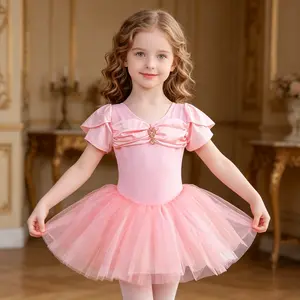 Girls Pink Bow Rhinestone Ballet Leotard Tutu Dress | Short Ruffle Sleeve Dancewear for Toddler Ballet Class & Recital