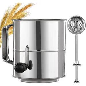 Flour Sifter - 5 Cup Fine Mesh Hand Crank Sifter Stainless Steel with Agitator Wire Loop for Baking, Powdered Sugar Duster Set
