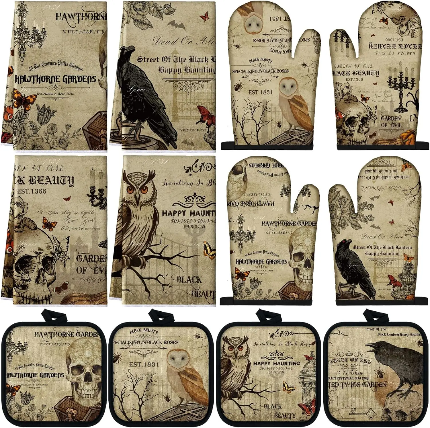 12 Pcs Halloween Gothic Kitchen Towels Pot Holders and Oven Mitts Set 4 Raven Dish Towels 4 Skull Oven Mitts 4 Owl Pot Holders for Gothic Home Cooking Dish Baking Halloween Decorative