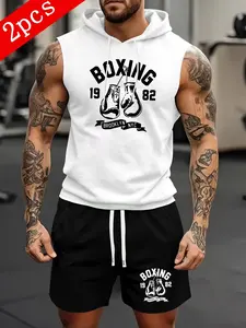 Men's Hooded Sleeveless T-Shirt & Shorts Set, Boxing Brooklyn Nyc Design, Sports Functional Street Style, Gym Outdoor Casual Wear, Sports Clothing Set