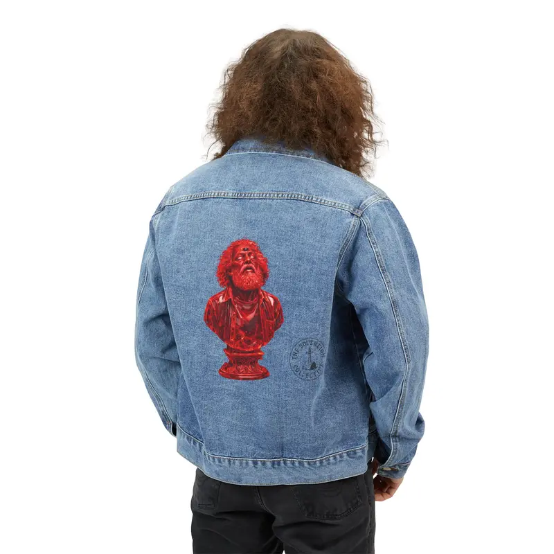 Red Classical Bust Graphic Denim Jacket | Sculpture Back Patch