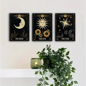 3pcs/set Tarot Celestial Bodies Canvas Painting Wall Art XINGX Sun and Moon Printed Mysterious Theme Art Astrological Art Bohe Space Theme Design