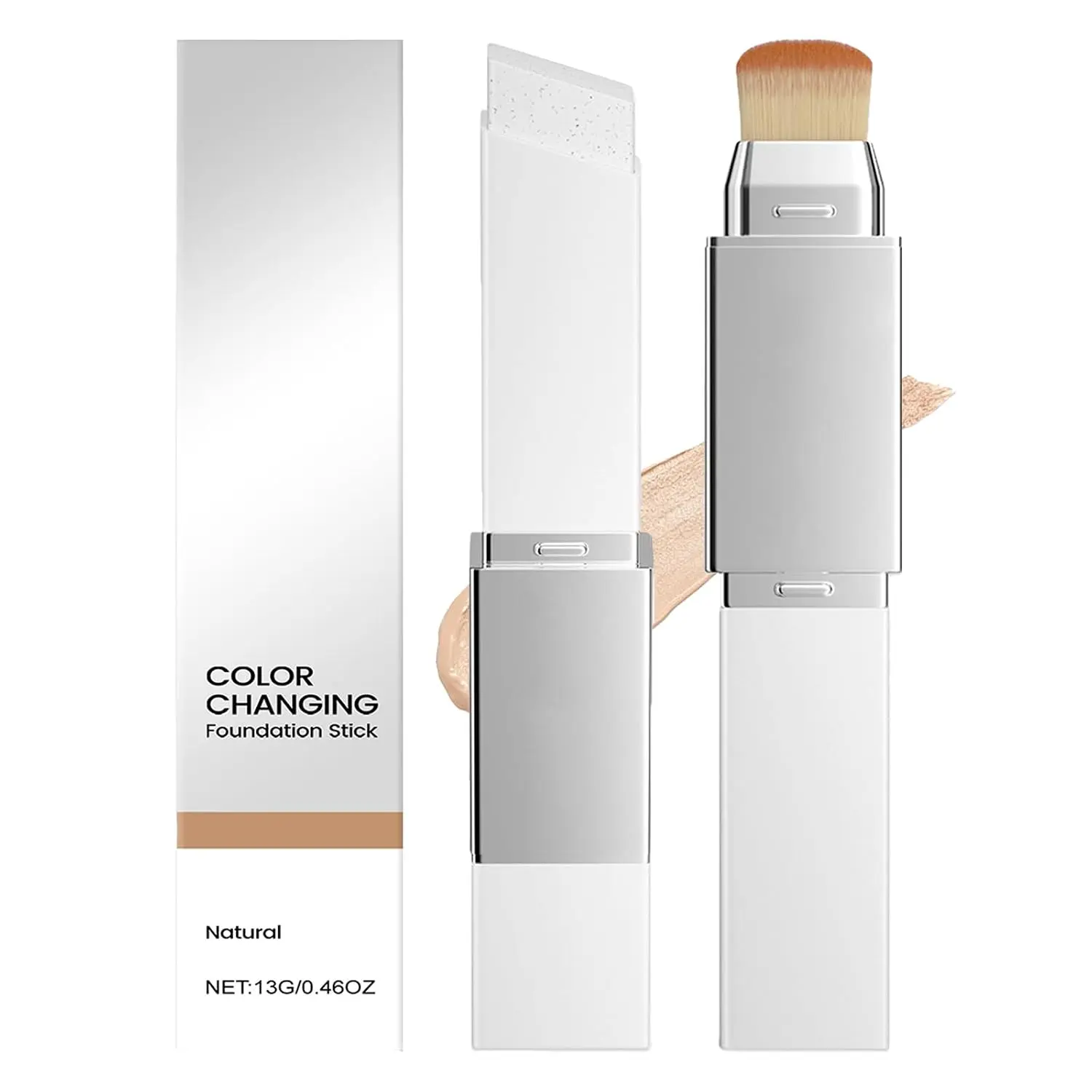 Dual-Ended 2-in-1 Color Changing Foundation Stick with Built-in Brush, Hydrating Concealer Base Makeup, Lightweight Buildable Coverage, Smooth Blendable Finish, Volufiline-Infused, Travel & Daily Use Natural Shade Cosmetic