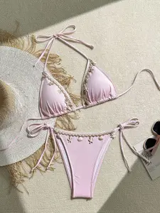 Women's Shell Beach Bikini Set, High Stretch Fabric, Includes Triangle Top and Side Tie Swim Pants, Ruched Bikini Set, Ruched Bikini Bottoms