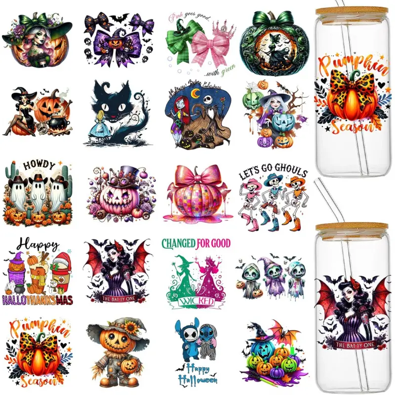 UV DTF Cup Wraps for 16 oz, 20 Sheets Halloween Uvdtf Cup Wraps for Tumblers, Glass Cups, Rub on Transfers for Crafts, UV DTF Stickers, Cold Transfer Stickers, Vinyl Decals for Mugs Coffee