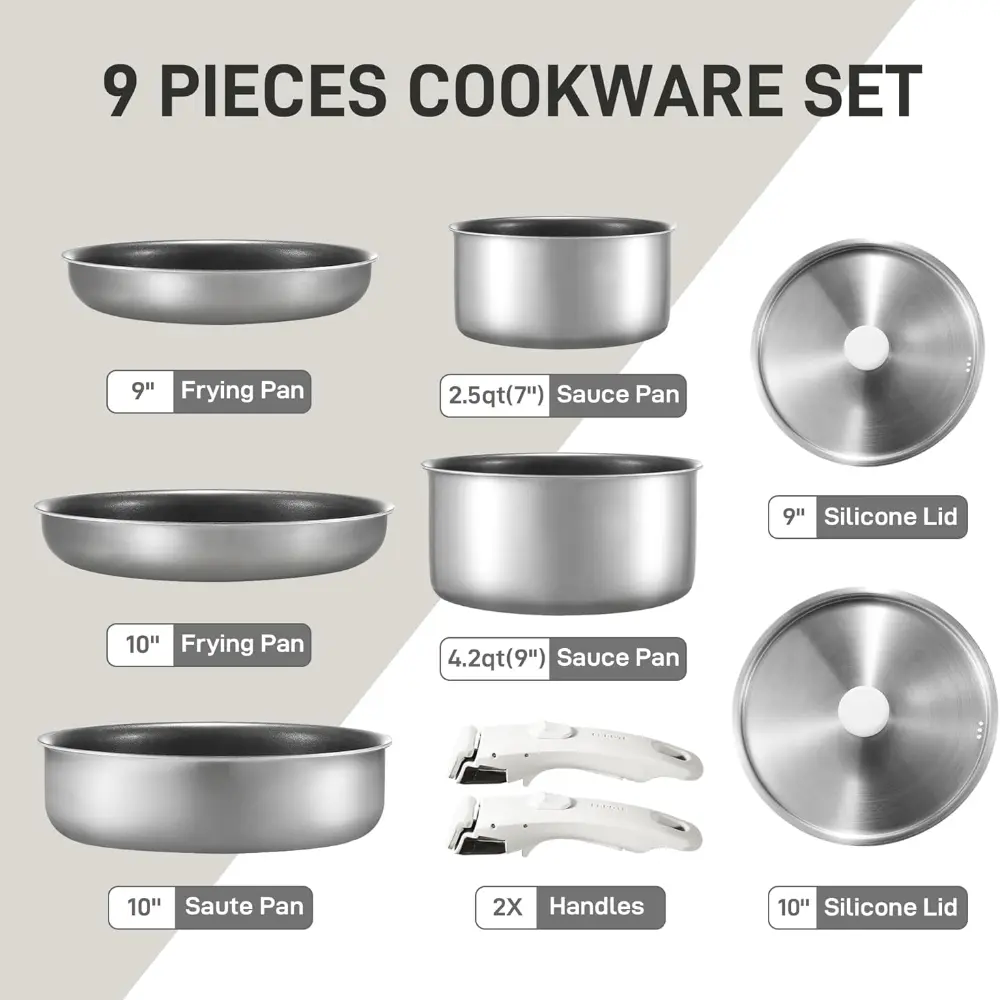 Pots and Pans Set Non Stick, 9pcs Stainless Steel Cookware Set Detachable Handle, Induction Kitchen Cookware Sets with Removable Handle, RV Cookware Set, OvenDishwasher Safe