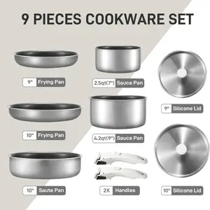 Pots and Pans Set Non Stick, 9pcs Stainless Steel Cookware Set Detachable Handle, Induction Kitchen Cookware Sets with Removable Handle, RV Cookware Set, OvenDishwasher Safe