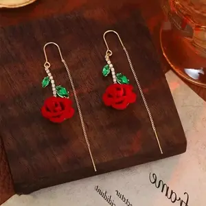 Red Rose Vintage Earrings for Women 2026, Elegant Retro Design, Long Slim Tassel Minimalist Chic Jewelry  Sparkling Crystal Accents