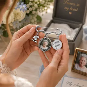 (Custom in Description) Personalized Wedding Memorial Pin for Bridal Bouquet, Custom Photo Memorial Brooch, Something Blue Bouquet Charm, In Loving Memory Wedding Keepsake