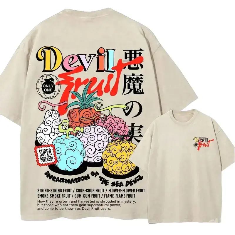 Men's Oversized Vintage Acid Wash 1-Piece Devil Fruit Graphic T-Shirt - Retro Manga Anime Merch, Casual All-Season Daily Wear Gift for Anime Enthusiasts