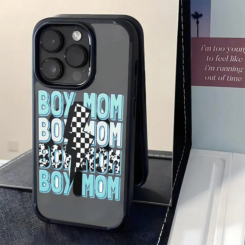 Acrylic Boy Mom Text Cellphone Case - Hard Double-Sided Acrylic Shell with Shockproof Protection, Trendy Mama Style Accessory for iPhone 17,16,15,14,13,12,11,Plus,Pro,Max Devices,A17