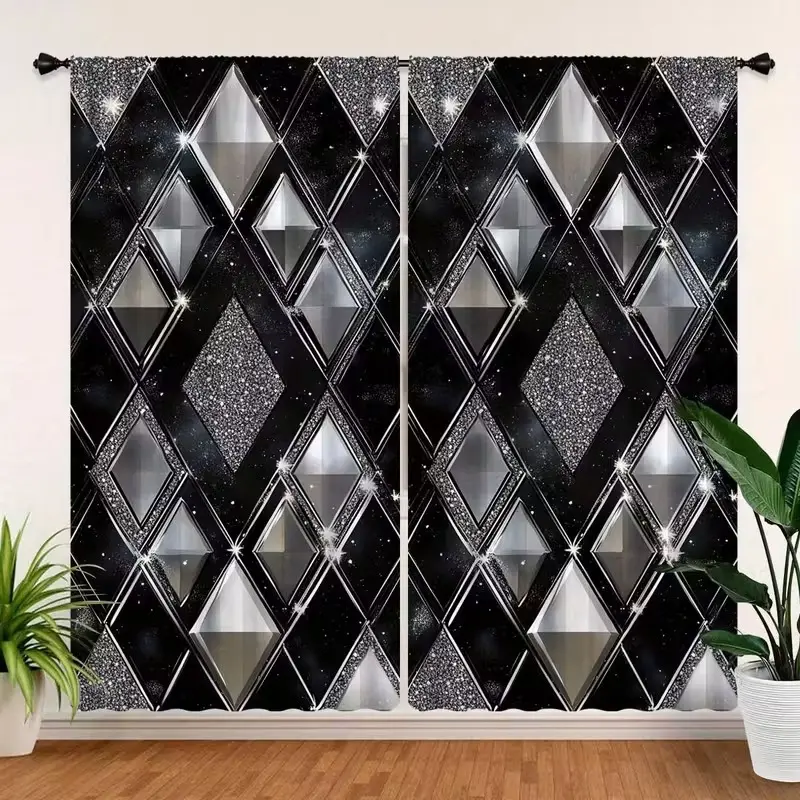 2-Piece set, black silver glitter diamond print curtains, window drapes, simple diamond pattern design, half-blackout rod pocket design, suitable for bedroom, living room, office home decoration, room decoration, Home Decorative Curtain, Window Curtain