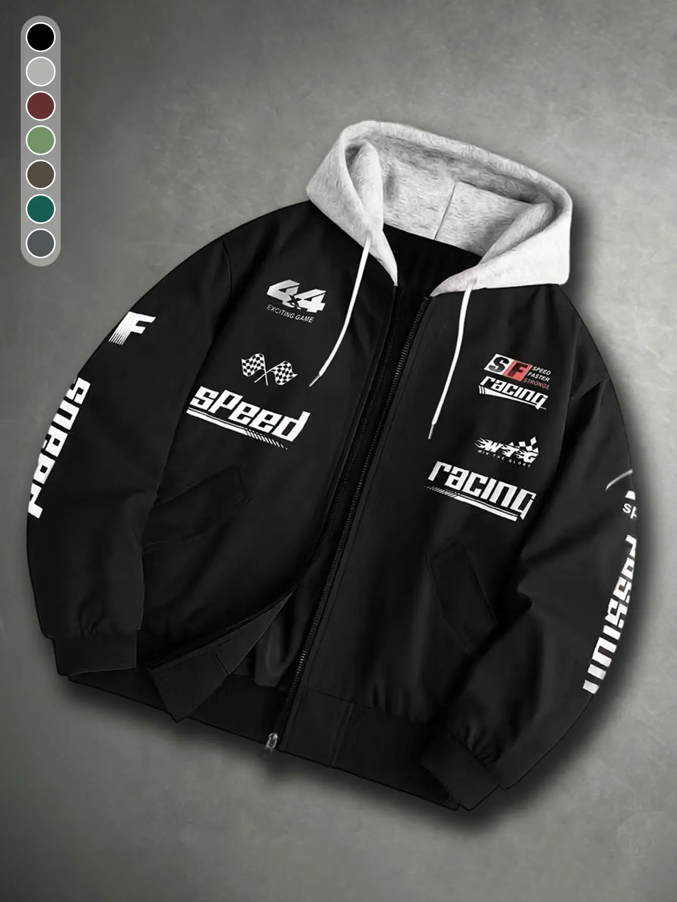 Racing Graphic Print Hooded Bomber Jacket Men, Y2K Vintage Hip Hop Loose Casual Streetwear Motorcycle Pilot Flight Outerwear，Racing Jacket，Casual Oversize Street Athleisure Daily Fashion Men Baseball Jacket