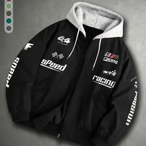 Racing Graphic Print Hooded Bomber Jacket Men, Y2K Vintage Hip Hop Loose Casual Streetwear Motorcycle Pilot Flight Outerwear，Racing Jacket，Casual Oversize Street Athleisure Daily Fashion Men Baseball Jacket
