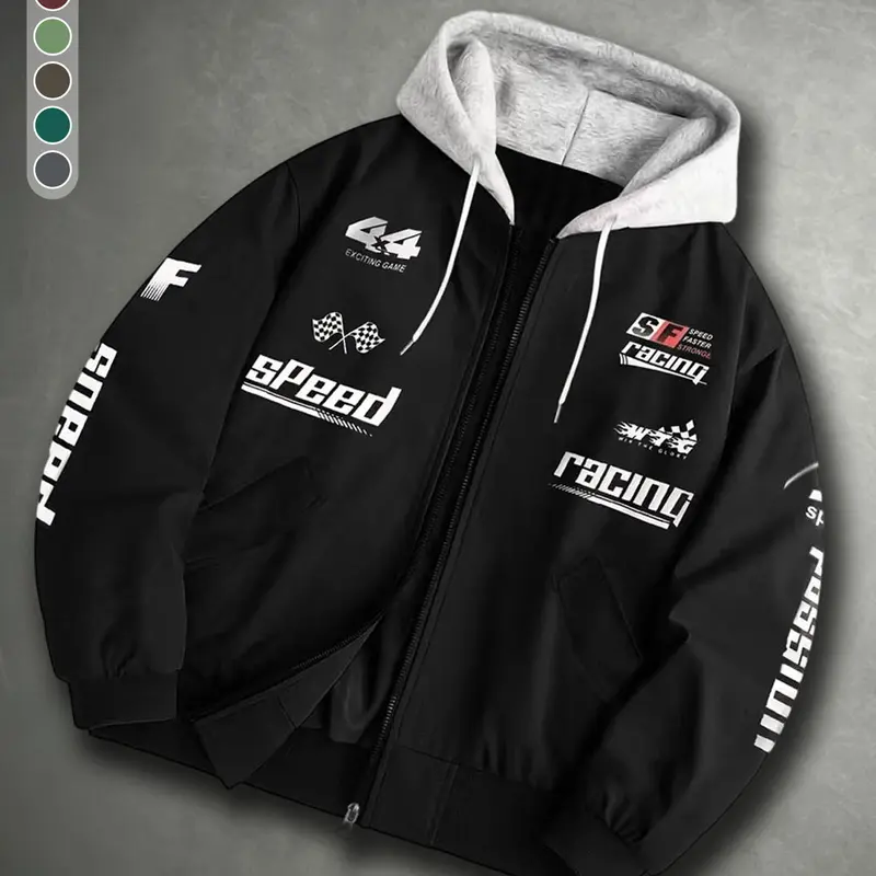 Racing Graphic Print Hooded Bomber Jacket Men, Y2K Vintage Hip Hop Loose Casual Streetwear Motorcycle Pilot Flight Outerwear,Racing Jacket,Casual Oversize Street Athleisure Daily Fashion Men Baseball Jacket