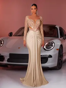 Elegant Maxi Dress with Contrast Sequins, Formal Wear, Cut Out Design, Long Sleeve, Slim-Fitting, Perfect for Evening Parties and Celebrations