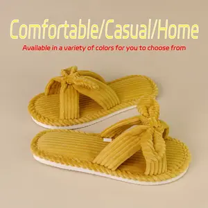 Charming and cute honey-style striped corduroy fluffy ladies' slippers: Thick sole, anti-slip, hand-washable
