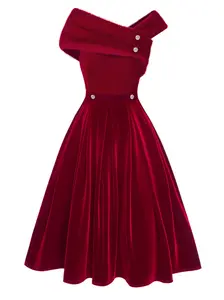 RETRO STAGE Women's 1950s Red Off-Shoulder Knee-Length Velvet Formal Elegant Dress with Fur Buttons, Button Detail, Zipper, Light Polyester Fabric, Chic Fit for Evening Events, Women's Formal Clothes