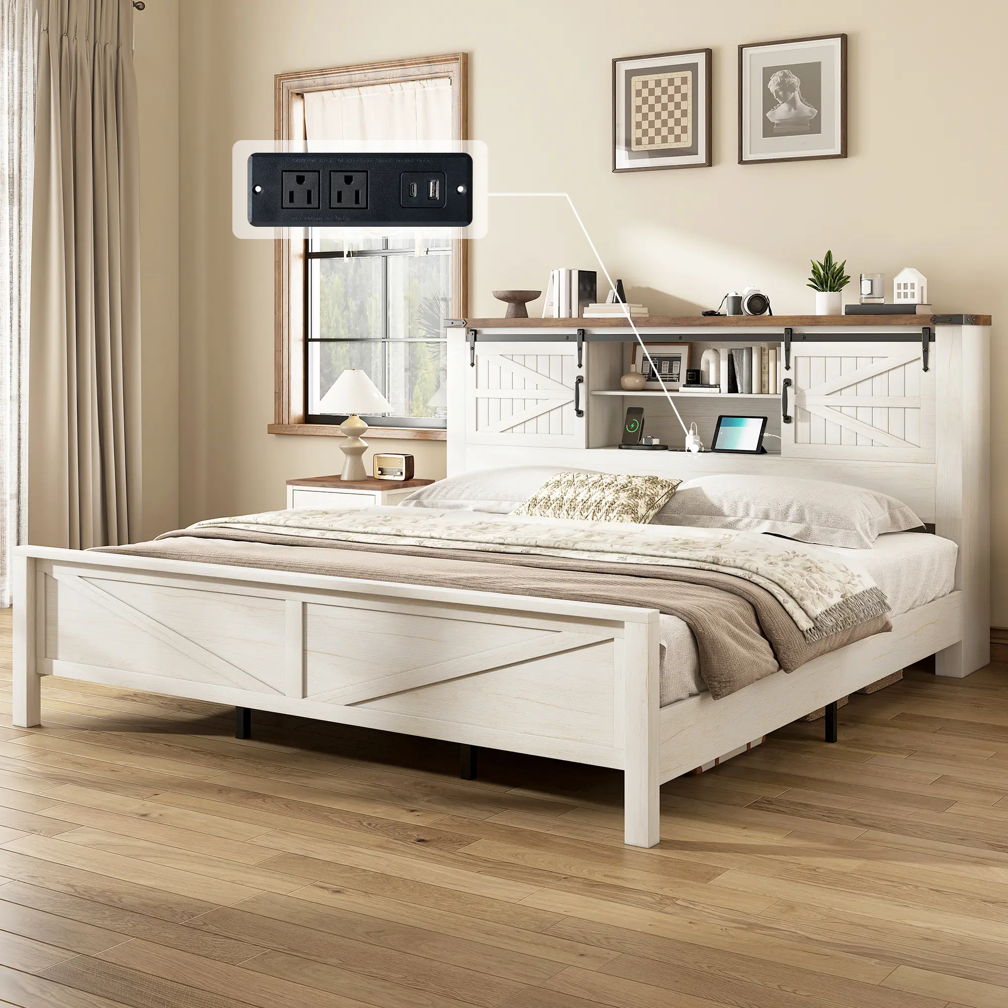 [Summerwins] [SummerFinds] AMERLIFE Farmhouse Bed Frame, Rustic Wood Platform Bed w/Barn Door Storage Bookcase Headboard & Charging Station, Bedroom Set Furniture, No Box Spring Needed