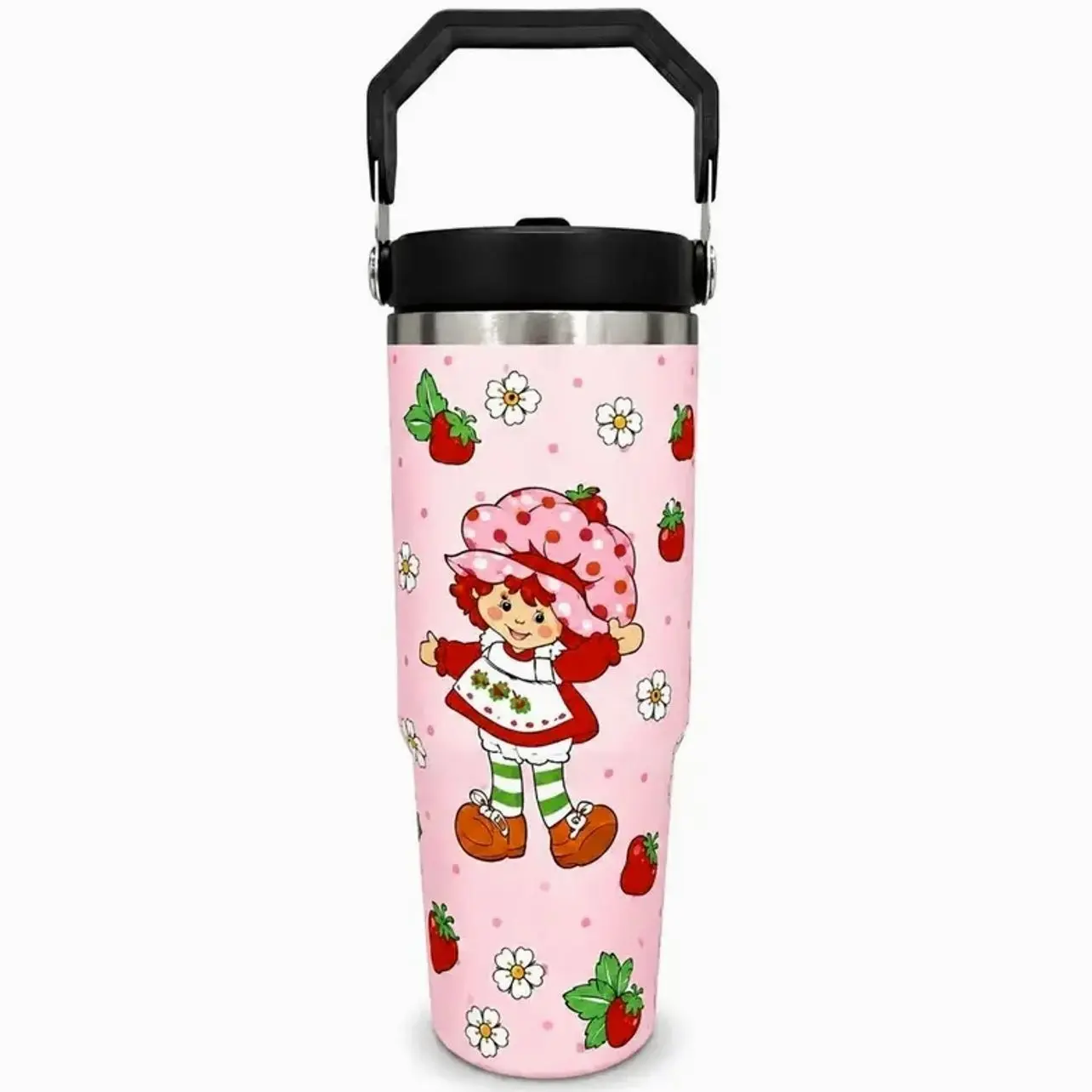 Retro Strawberry Cartoon Girl 30oz Stainless Steel Tumbler with Handle, Cute Pink Berry Sweet Vibe Travel Cup with Straw Lid, Perfect Birthday or Christmas Gift for Women, Teens and Cartoon Lovers