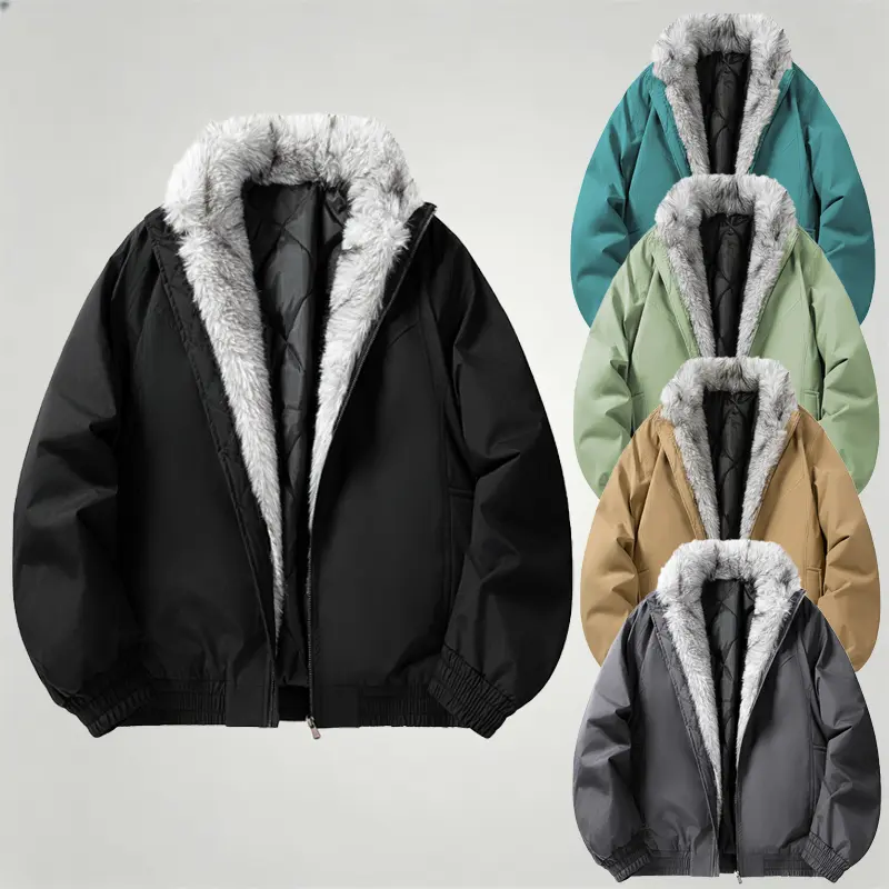 Men's Faux Fur Collar Quilted Lined Bomber Jacket  Warm Zip Up Winter Padded Coat Oversized Loose Casual Streetwear Windproof Thick Outerwear