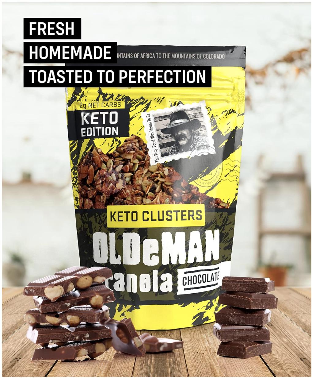 Olde Man Granola Gluten Free Keto Granola - Non-GMO Healthy Keto Granola Cereal - Low Carb Granola Keto Friendly - Ketogenic Granola Handmade in Colorado (Chocolate, 8oz Pack)