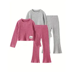 4-piece girl autumn and winter round neck fashion knitting suit children's casual solid color slim long-sleeved trousers suit